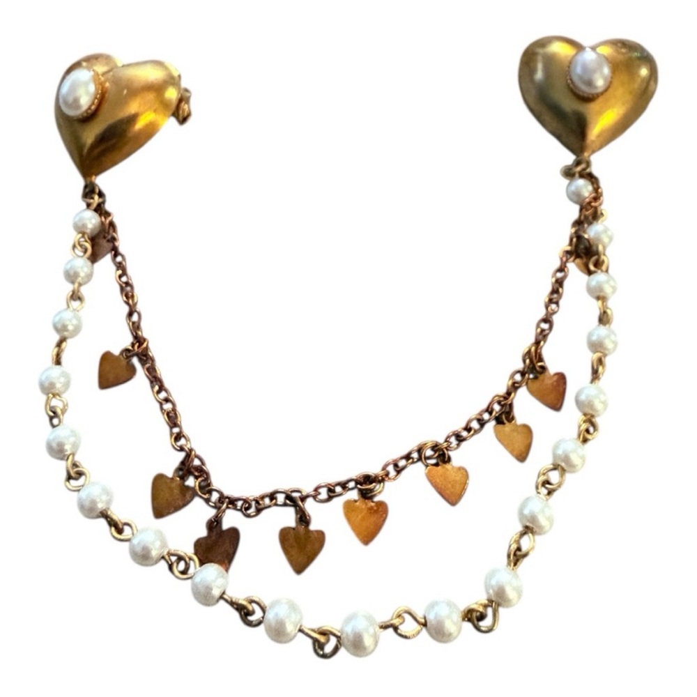 1950’s Vintage Heart Sweater Clip, Double Strand, Gold with Pin Backs, 7.5”